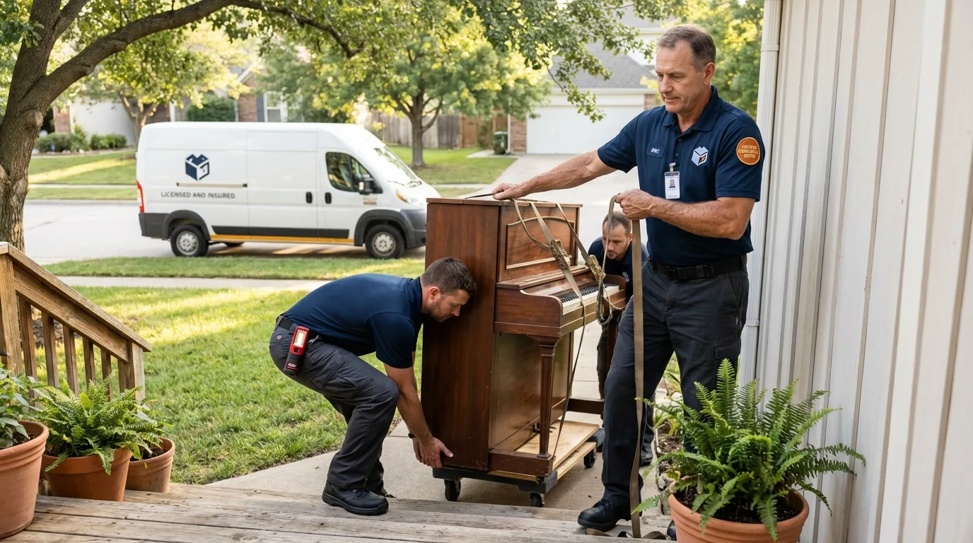 Licensed piano movers securing grand piano in Kingston, PA