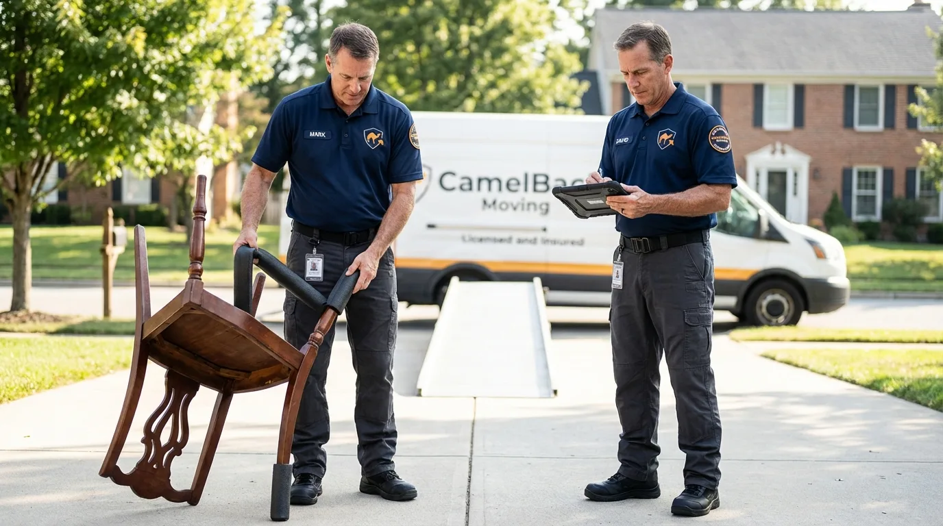 Movers inspecting furniture for damage prevention before loading in Kingston, PA