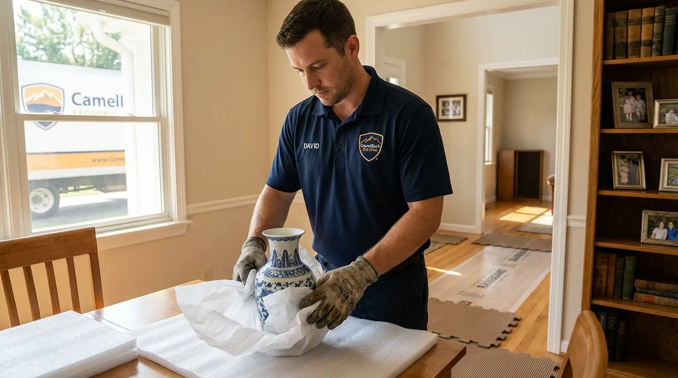 Professional crew carefully wrapping antique vase for senior downsizing move in Kingston, PA